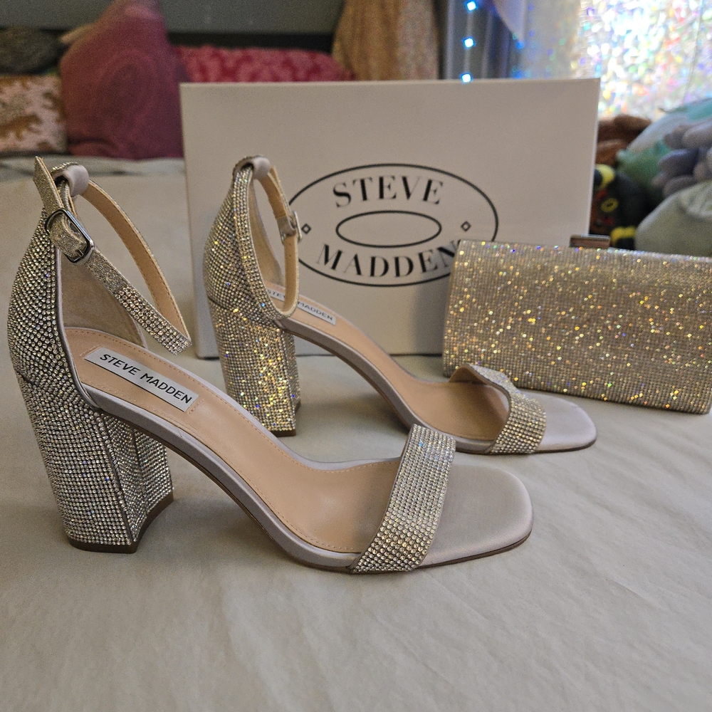 Steve Madden Gigi Ankle Strap Silver Rhinestone Block Heels Wedding Party MI3